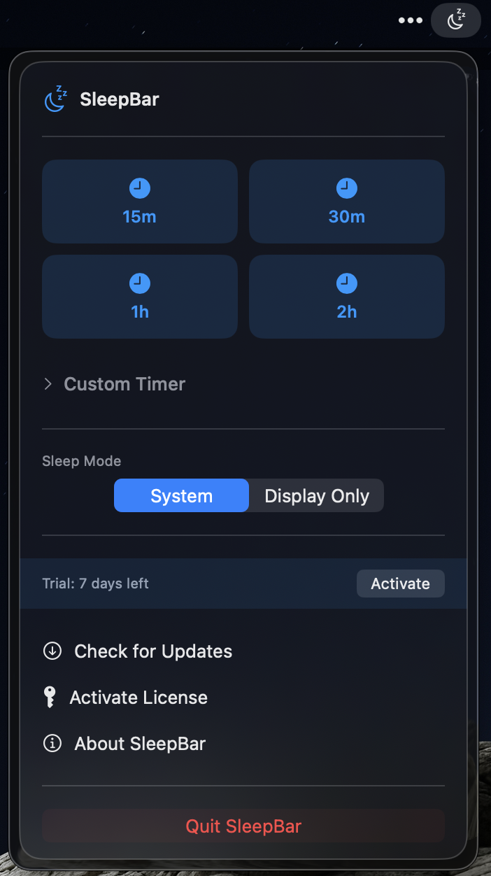 SleepBar Interface